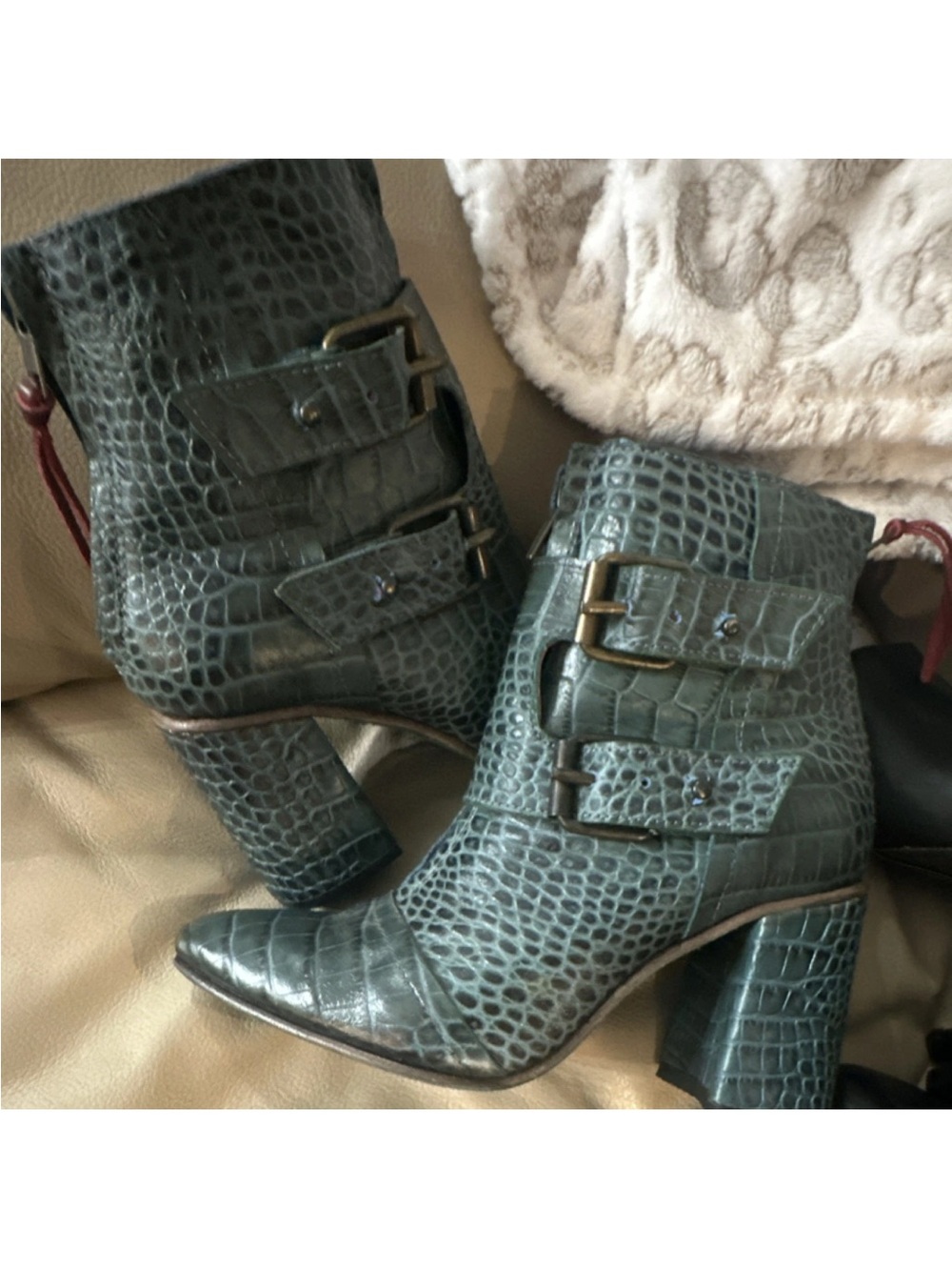 Freebird by Steven Joey Green Croc Embossed Leather Buckle Zip Ankle Bootie